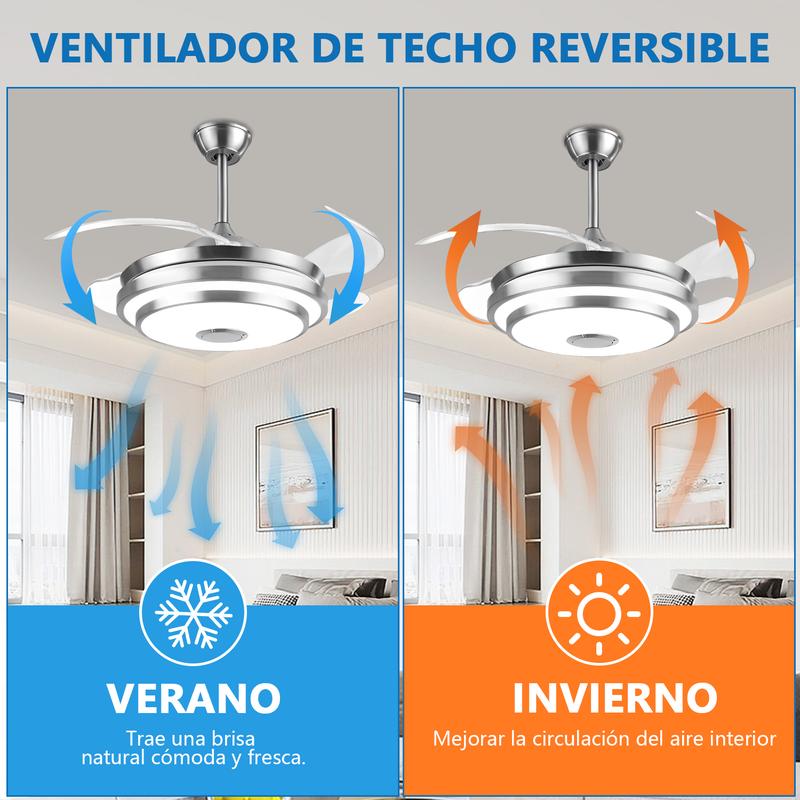 Lámpara con Ventilador de Techo MEGALUZ 42 Pulgadas Hoja Retráctil, 3 Temperaturas de Color, Bluetooth, Control Remoto, para Sala/Habitación