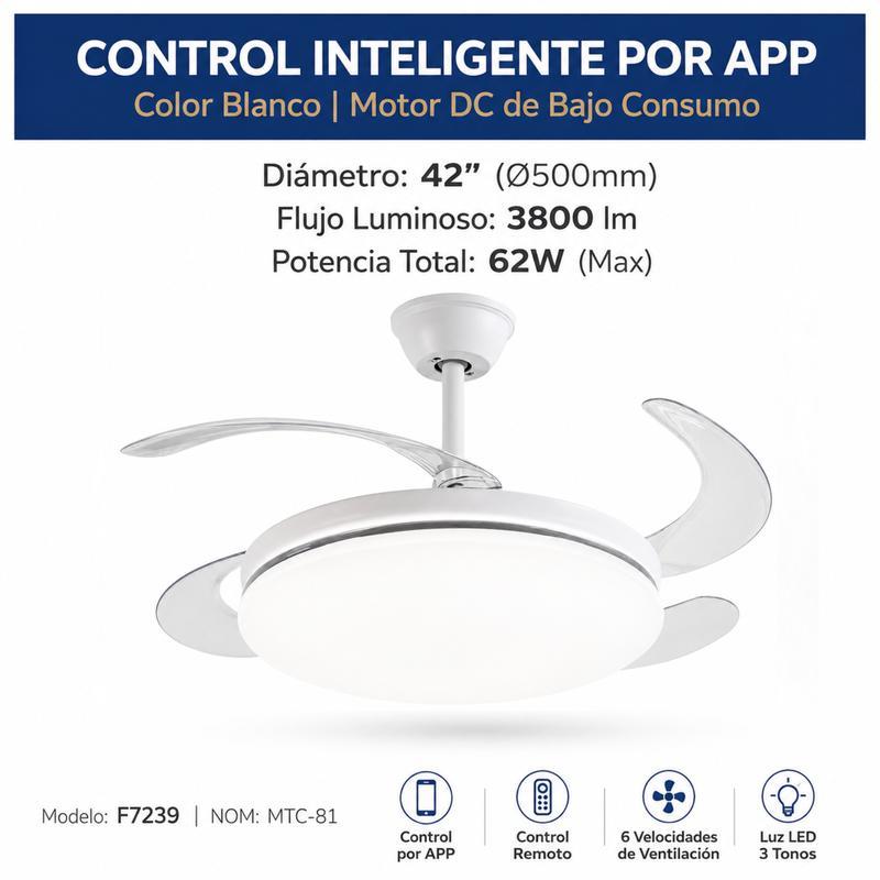 Lámpara con Ventilador de Techo MEGALUZ 42 Pulgadas Hoja Retráctil, 3 Temperaturas de Color, Bluetooth, Control Remoto, para Sala/Habitación