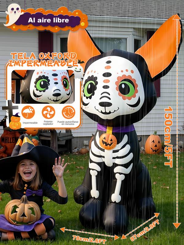 Decoración inflable de Halloween de 1.5 m, diseño de esqueleto de perro, luces led integradas para festividades, jardín, césped