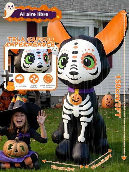 Decoración inflable de Halloween de 1.5 m, diseño de esqueleto de perro, luces led integradas para festividades, jardín, césped