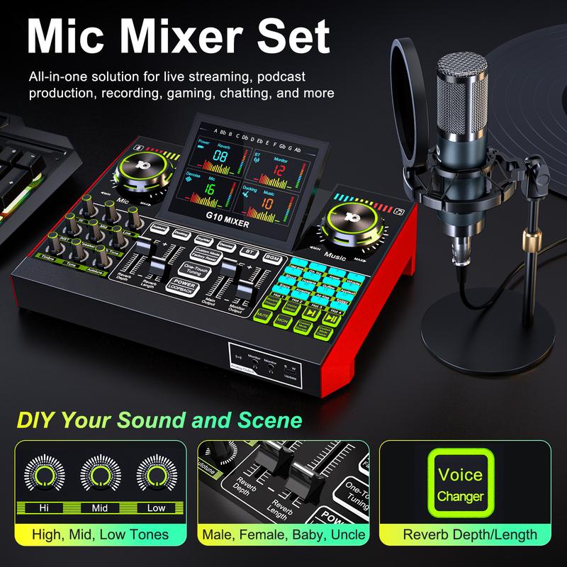 Kit de tarjeta de sonido de mezcla Tenlamp G10-P15, efectos de sonido personalizables, reducción de ruido de dos niveles, equipado con un micrófono de condensador, adecuado para transmisión en vivo, juegos, canto, podcasting y más.