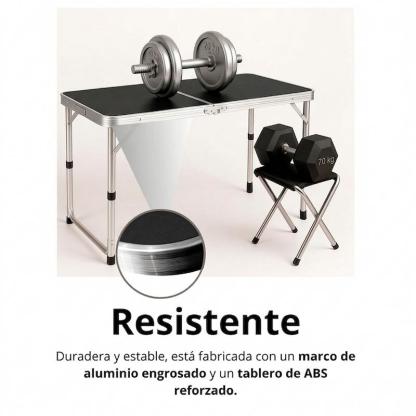 Mesa plegable ajustable 120 cm con 4 sillas estilo portafolio para camping, picnic o jardín, fabricada en plástico resistente con estructura de metal ligera, ideal para exteriores y fácil de transportar.