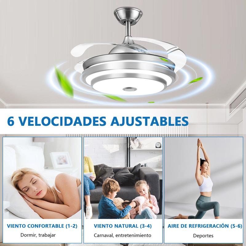 Lámpara con Ventilador de Techo MEGALUZ 42 Pulgadas Hoja Retráctil, 3 Temperaturas de Color, Bluetooth, Control Remoto, para Sala/Habitación