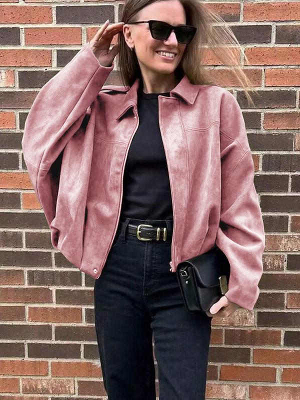 Women's Autumn Winter Suede Texture Zipper Loose Fit bomber jacket, Stylish Turn-Down Collar Design for Casual Wear