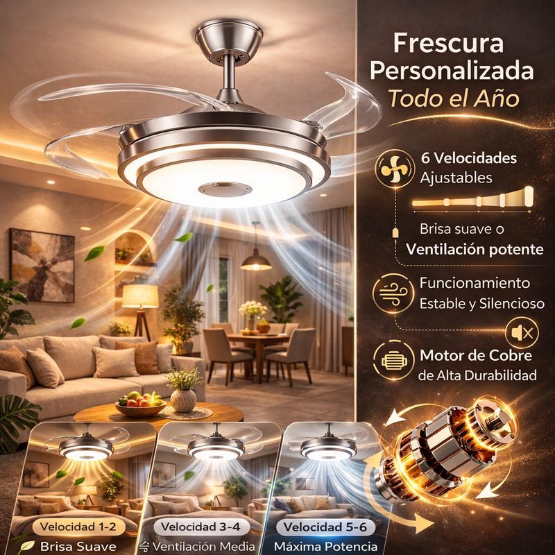 Lámpara con Ventilador de Techo MEGALUZ 42 Pulgadas Hoja Retráctil, 3 Temperaturas de Color, Bluetooth, Control Remoto, para Sala/Habitación