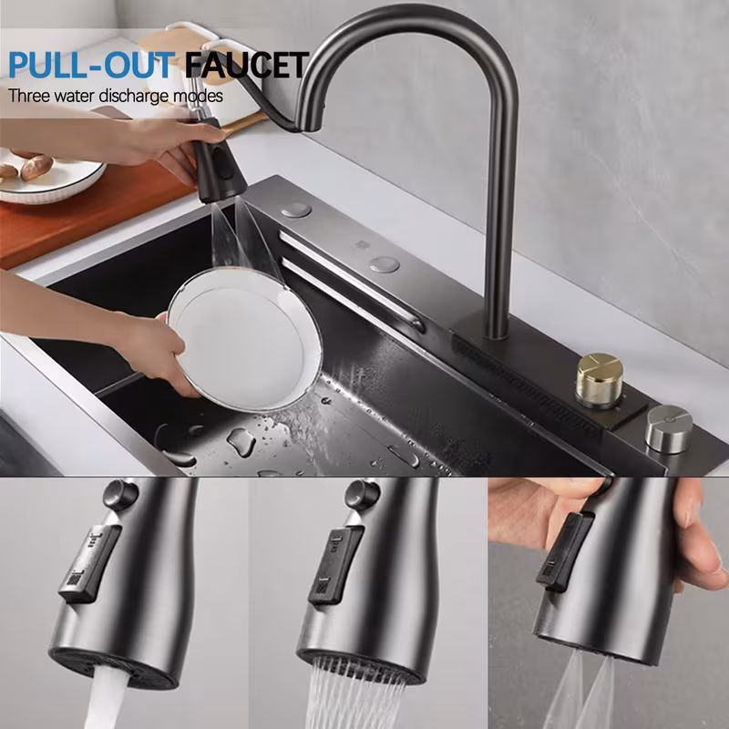 33x22 inch   flying rain drop in stainless steel watefall kitchen sink single bowl with pull down faucet set accessories included Product details 6