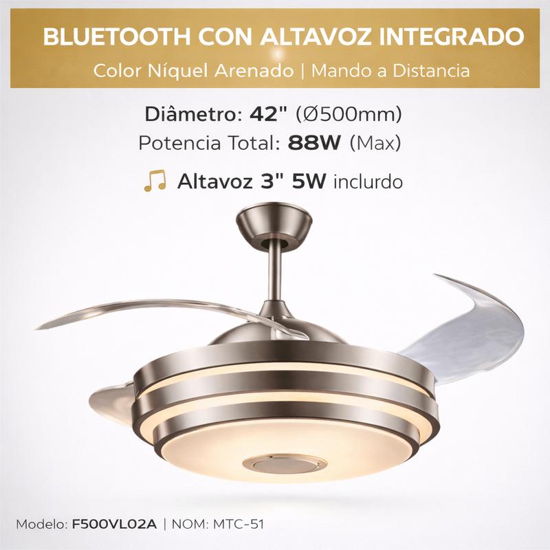 Lámpara con Ventilador de Techo MEGALUZ 42 Pulgadas Hoja Retráctil, 3 Temperaturas de Color, Bluetooth, Control Remoto, para Sala/Habitación