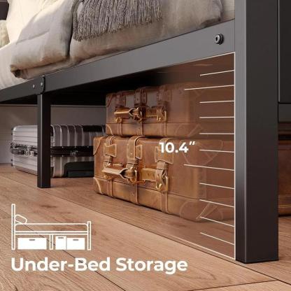 Cama Ironwood, Marco de Cama Metal Negro con Luces LED, 3 Puertos USB y 6 Estantes - Base de Almacenamiento, Resistente, Fácil Montaje (Individual / Matrimonial / Queen)
