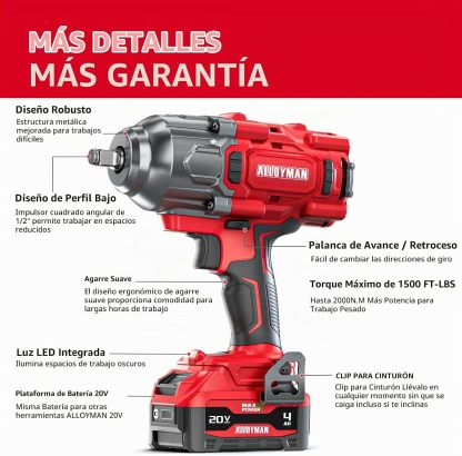 Llave de impacto inalámbrica Alloyman de 1500 pies-libra (2000 N·m) y alto par de 1/2 pulgada