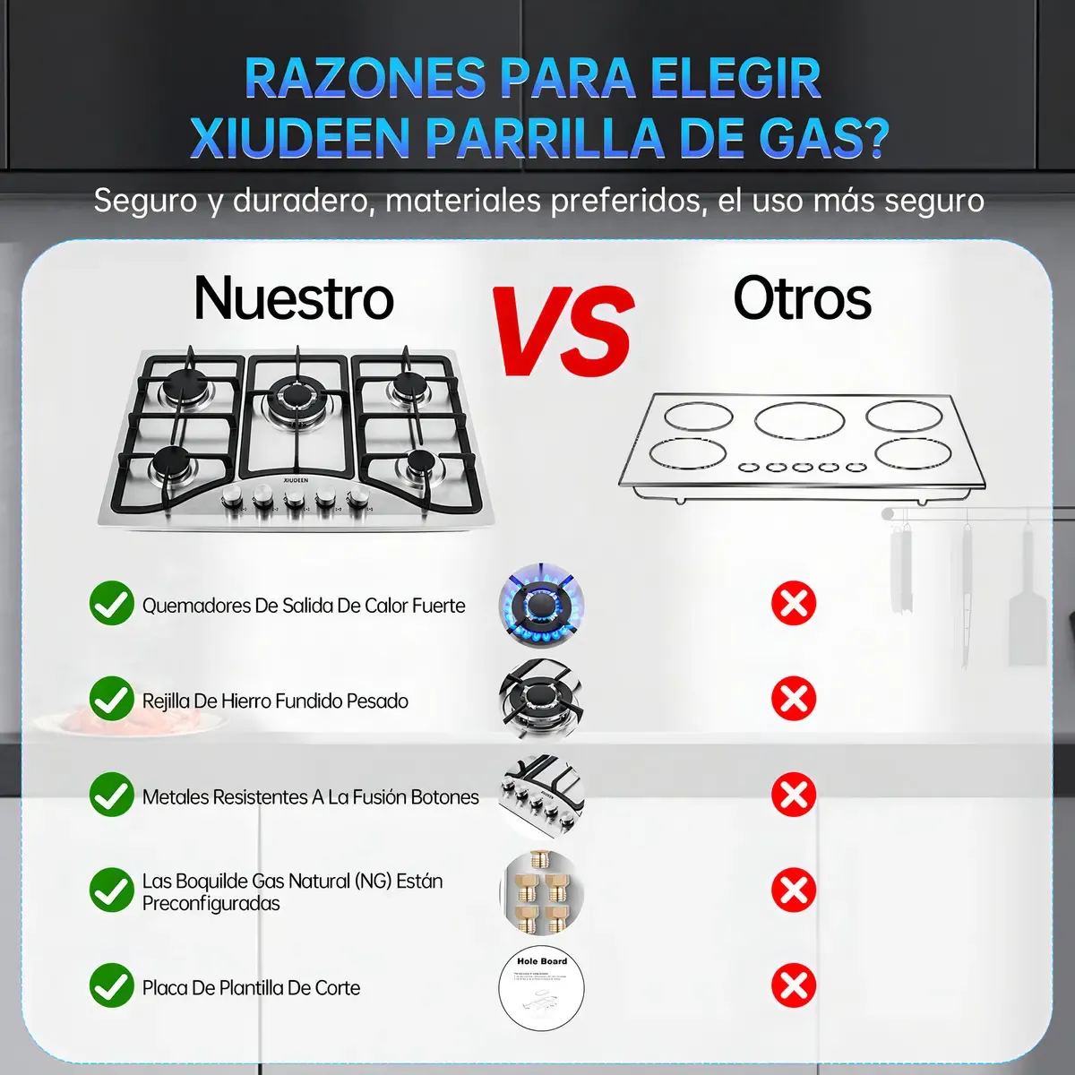 Parrilla de Gas Xiudeen Empotrable o de Mesa con 5 Quemadores en Acero Inoxidable Plateado