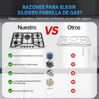 Parrilla de Gas Xiudeen Empotrable o de Mesa con 5 Quemadores en Acero Inoxidable Plateado
