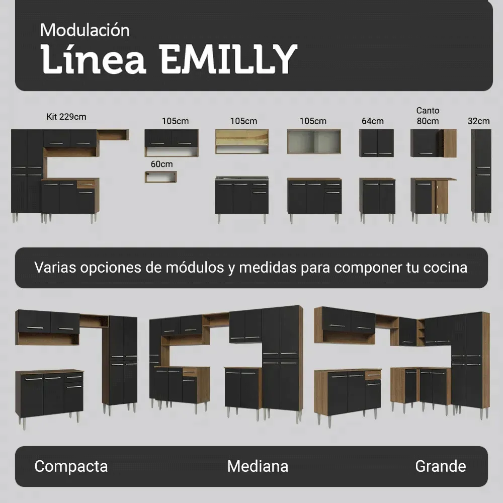 Cocina Integral Completa Emilly Pop 229 cm 2 Marrón Negro Madesa GREM229002