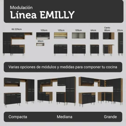 Cocina Integral Completa Emilly Pop 229 cm 2 Marrón Negro Madesa GREM229002