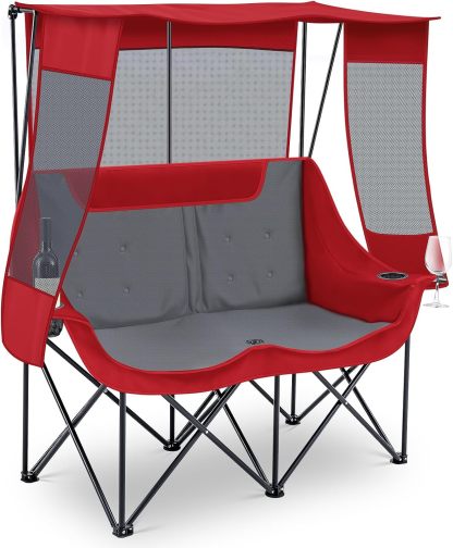 Teenyyou - Silla doble para acampar con dosel, silla resistente, color rojo y gris