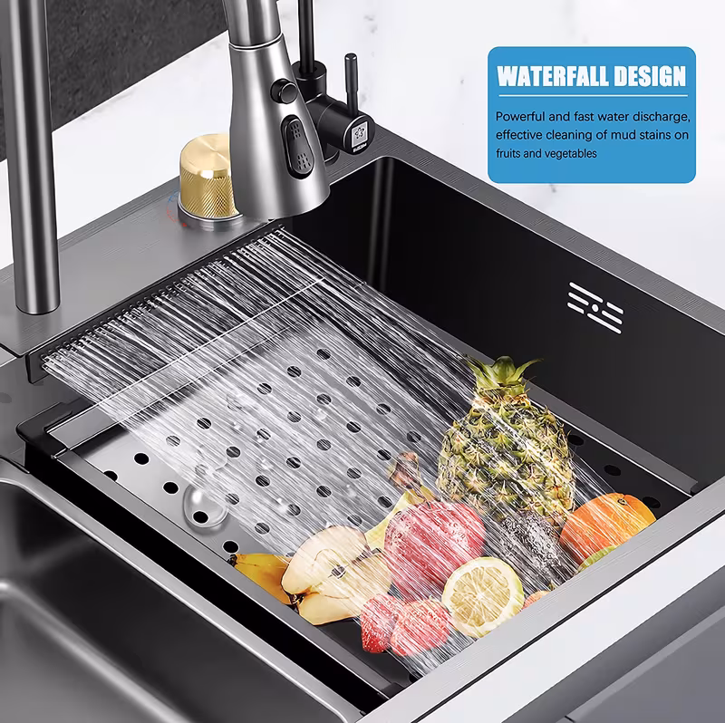 33x22 inch   flying rain drop in stainless steel watefall kitchen sink single bowl with pull down faucet set accessories included Product details 5