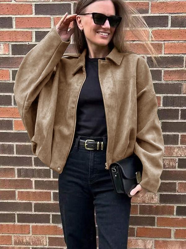 Women's Autumn Winter Suede Texture Zipper Loose Fit bomber jacket, Stylish Turn-Down Collar Design for Casual Wear