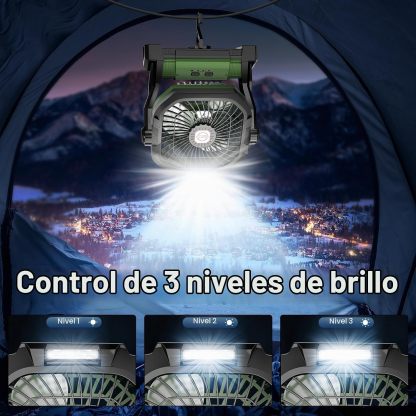 Ventilador recargable para camping, portátil y alimentado por batería de 20.000 mAh, con luz LED y gancho; cuenta con 4 velocidades y cabezal ajustable 270°. Ideal para tiendas de campaña, viajes, coche, uso en interiores y exteriores, barbacoas, pesca y 