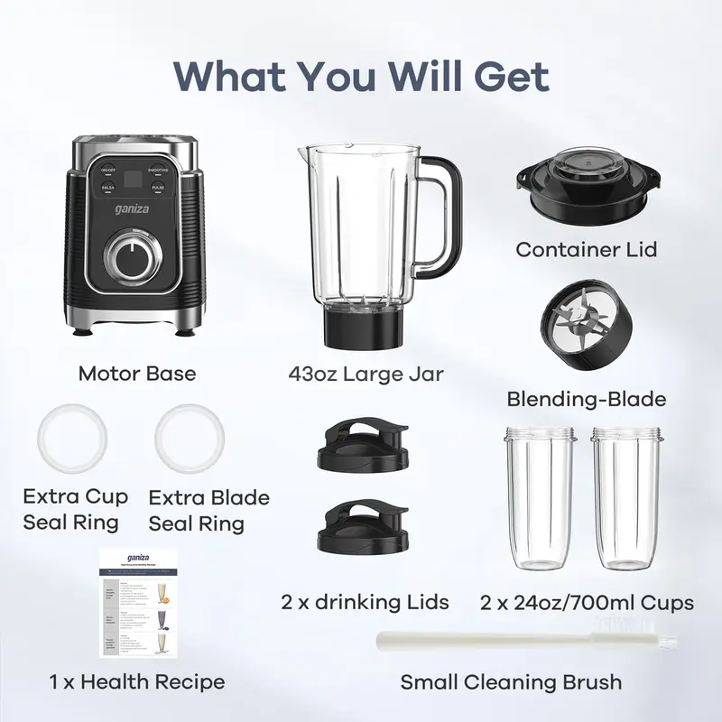 Licuadora y extractor de jugos multifuncional 12 en 1 Ganiza Professional: motor de 1100 W, 25 000 RPM, 8 programas automáticos, gran capacidad de 64 oz (aprox. 1,9 l), apta para lavavajillas, con componentes de silicona, ideal para frutas congeladas y hi