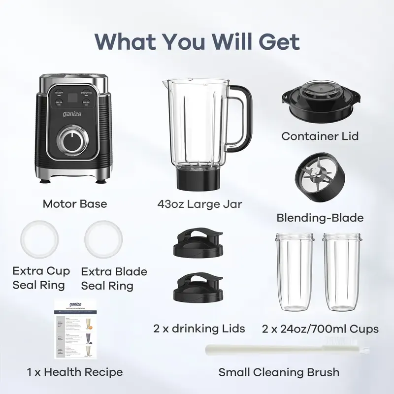 Licuadora y extractor de jugos multifuncional 12 en 1 Ganiza Professional: motor de 1100 W, 25 000 RPM, 8 programas automáticos, gran capacidad de 64 oz (aprox. 1,9 l), apta para lavavajillas, con componentes de silicona, ideal para frutas congeladas y hi