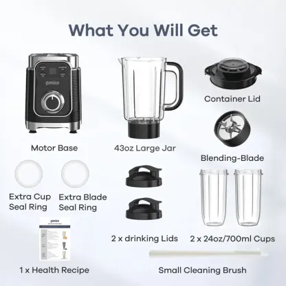 Licuadora y extractor de jugos multifuncional 12 en 1 Ganiza Professional: motor de 1100 W, 25 000 RPM, 8 programas automáticos, gran capacidad de 64 oz (aprox. 1,9 l), apta para lavavajillas, con componentes de silicona, ideal para frutas congeladas y hi