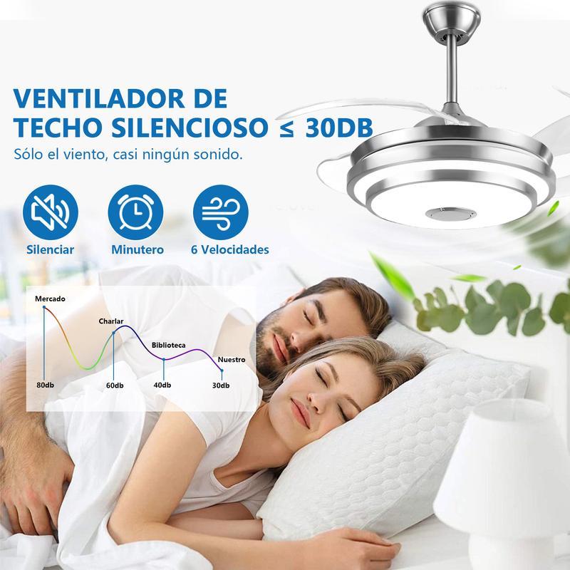 Lámpara con Ventilador de Techo MEGALUZ 42 Pulgadas Hoja Retráctil, 3 Temperaturas de Color, Bluetooth, Control Remoto, para Sala/Habitación