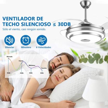 Lámpara con Ventilador de Techo MEGALUZ 42 Pulgadas Hoja Retráctil, 3 Temperaturas de Color, Bluetooth, Control Remoto, para Sala/Habitación