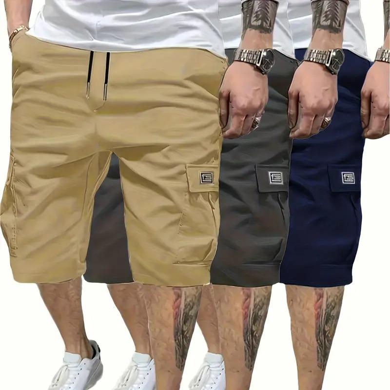 Conjunto de 3 pzas de shorts para hombre, marrón, negro y verde, bolsillos inclinados, uso casual versátil, parte de inferior de 3 pzas para uso diario, ropa de hombre, pantalones cortos tipo overol para hombre