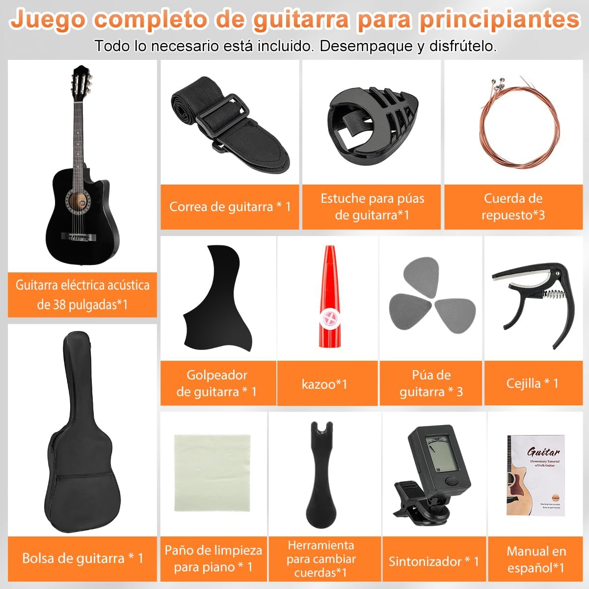 Kit de Guitarra Eléctrica, con Captación del segmento EQ2, Juego de Guitarra Eléctrica para Amantes de la Música y Principiantes, Kit Completo de Iniciación con Púas y Llave Correa para El Hombro