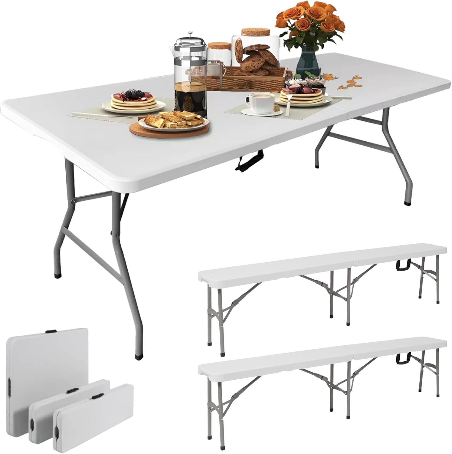 BREEZEE Set de Mesa Plegable y Bancas Plegables 180 x 76 cm, Color Blanco, Diseño Portátil, Tipo Portafolio, Ideal para Exteriores e Interiores, Comedor para Jardín, Hogar, Oficina, Playa, Fiestas