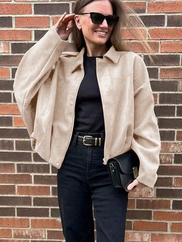 Women's Autumn Winter Suede Texture Zipper Loose Fit bomber jacket, Stylish Turn-Down Collar Design for Casual Wear