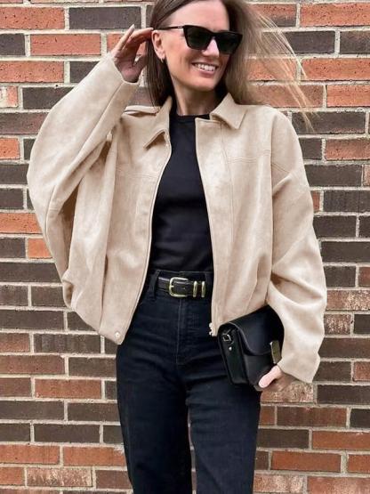 Women's Autumn Winter Suede Texture Zipper Loose Fit bomber jacket, Stylish Turn-Down Collar Design for Casual Wear