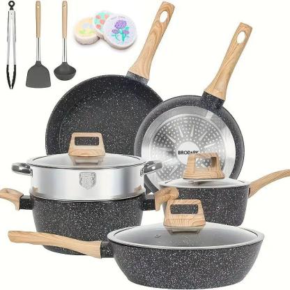 BRODARK Juego de 15 piezas de ollas y sartenes, con sartenes antiadherentes de cerámica en blanco y negro, compatible con placas de inducción, con manijas con impresión de madera, tapas de vidrio, incluye una cazuela de caldo y un sartén, y apto para horn
