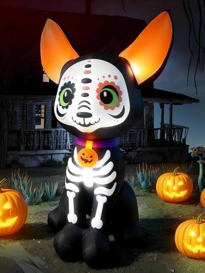 Decoración inflable de Halloween de 1.5 m, diseño de esqueleto de perro, luces led integradas para festividades, jardín, césped