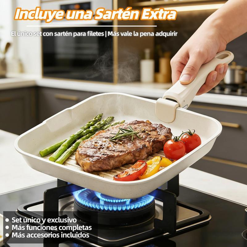 Batería De Cocina 15/17/22 Piezas Juego De Sartenes Ollas  Utensilios Sartenes Antiadherentes Con Mangos Desmontables Y Tapas De Vidrio Para Inducción, Gas Y Horno Negro Blanco Libre de PTFE, PFOA, plomo y cadmio. Cocina con menos aceite, sin que se pegue