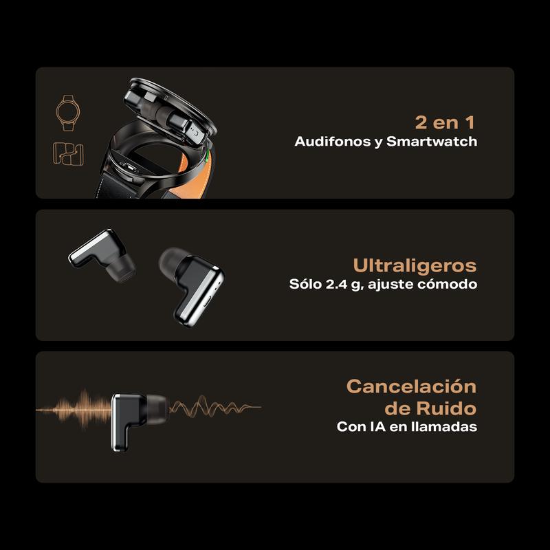 InfiniX XWATCH Pods – Reloj Inteligente con Audífonos Integrados, 2 en 1, Llamadas con Cancelación de Ruido por IA, Pantalla HD 1.39'', 100+ Modos Deportivos, Monitoreo de Salud (Ritmo Cardíaco, SpO2, Sueño), Cuerpo de Metal Premium