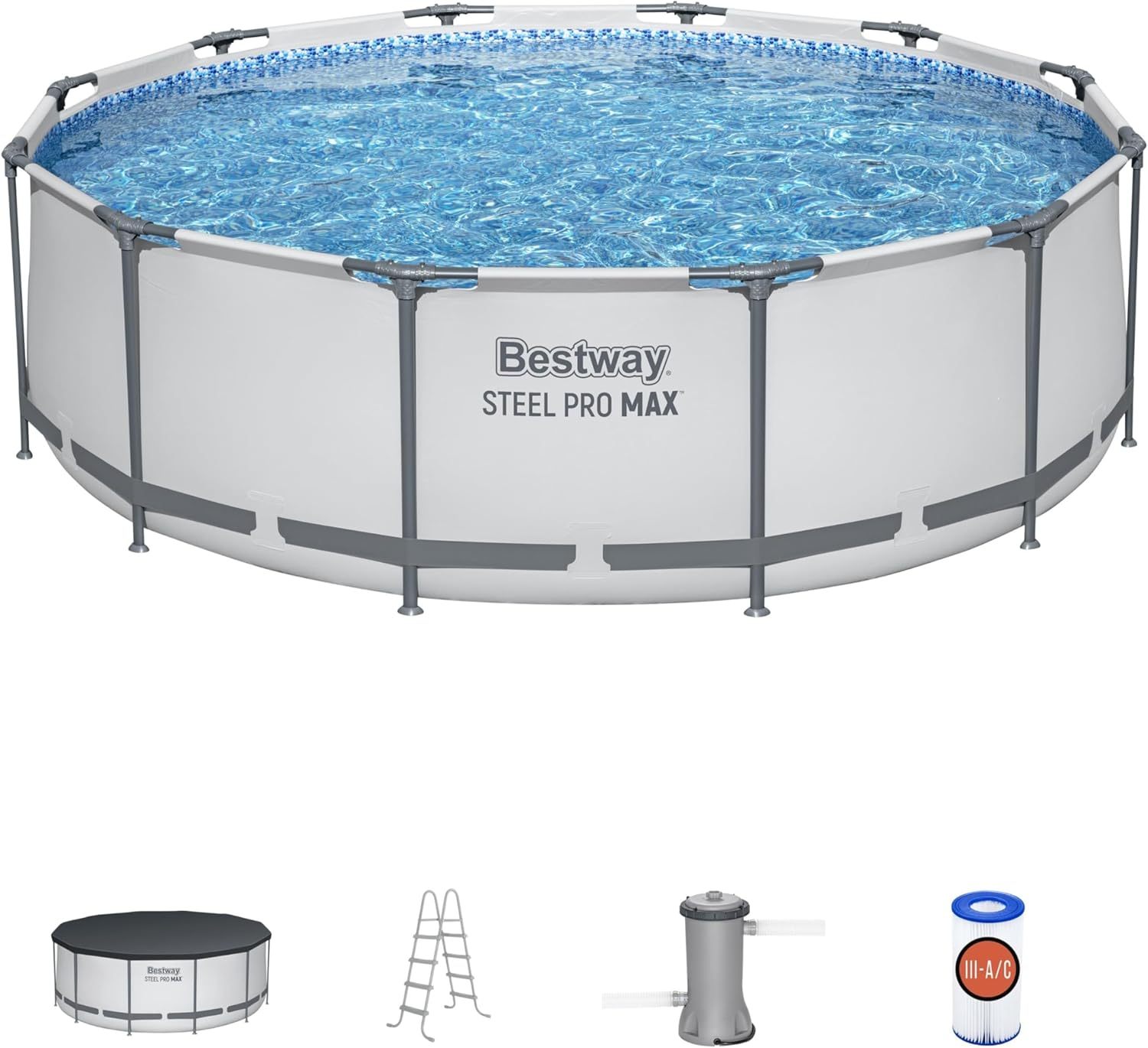 BESTWAY 56421 Alberca con Estructura Redonda 3.66x1.22cm con Bomba y Filtro Gris, Gris