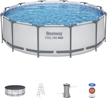 BESTWAY 56421 Alberca con Estructura Redonda 3.66x1.22cm con Bomba y Filtro Gris, Gris