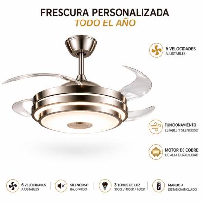 Lámpara con Ventilador de Techo MEGALUZ 42 Pulgadas Hoja Retráctil, 3 Temperaturas de Color, Bluetooth, Control Remoto, para Sala/Habitación