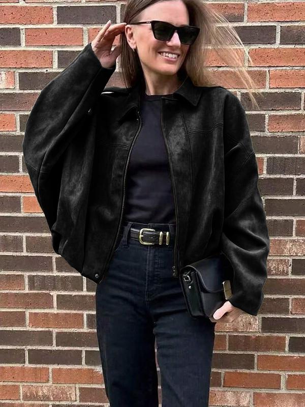 Women's Autumn Winter Suede Texture Zipper Loose Fit bomber jacket, Stylish Turn-Down Collar Design for Casual Wear