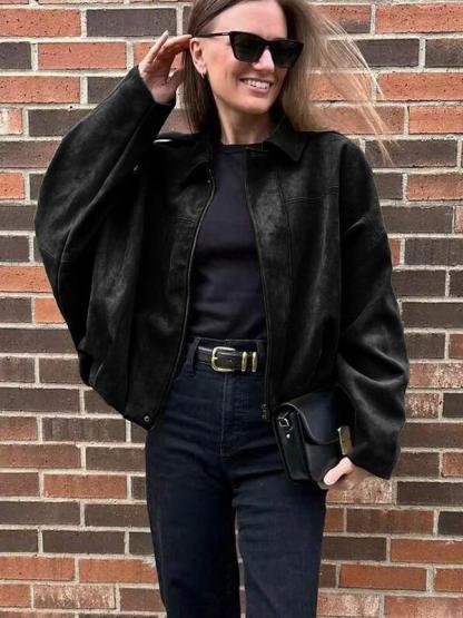Women's Autumn Winter Suede Texture Zipper Loose Fit bomber jacket, Stylish Turn-Down Collar Design for Casual Wear