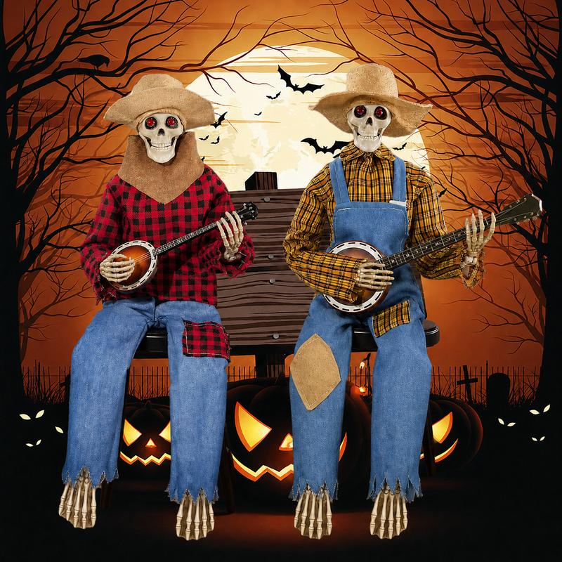 2 Esqueletos Decorativos de Halloween con Banjo, Colgantes para Porche, Patio, Jardín, Entrada, Fiesta Temática, Decoración del Hogar y Eventos de Halloween