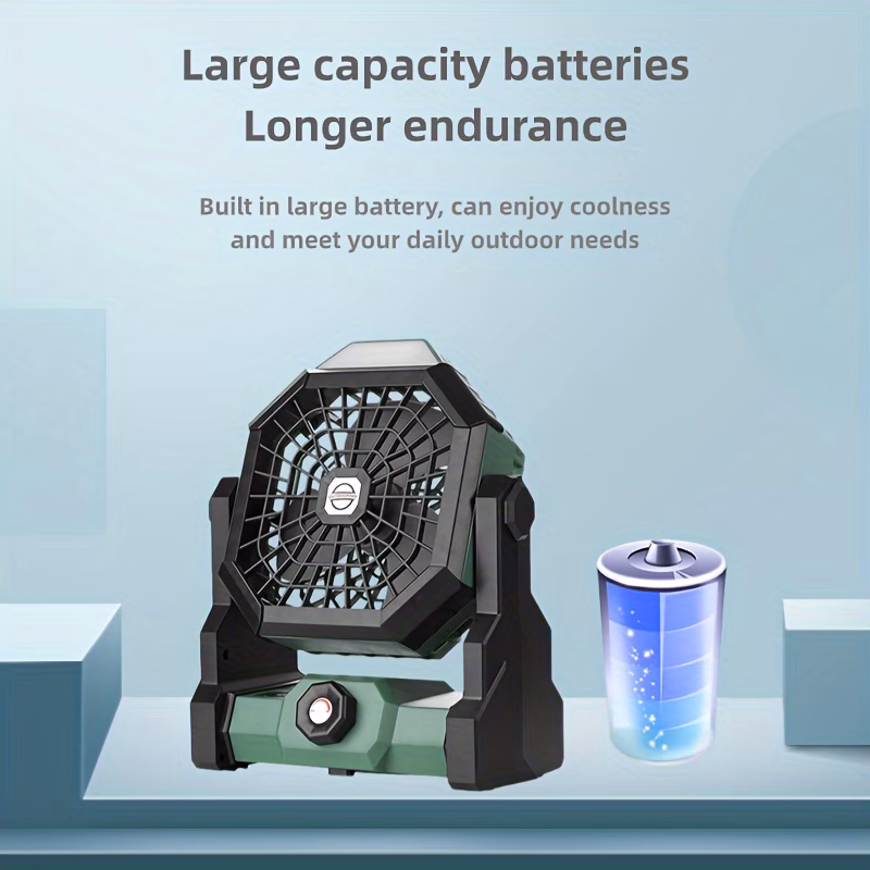 ventilador port&aacute;til para camping   con luz led de   ajustable, equipado con gancho, recargable por usb, bater&iacute;a incorporada de 7800mah para una duraci&oacute;n prolongada.   ventilador de refrigeraci&oacute;n para exteriores   &aacute;ngulos ajustables de  &deg; y control de velocidad  . Detalles del producto 2