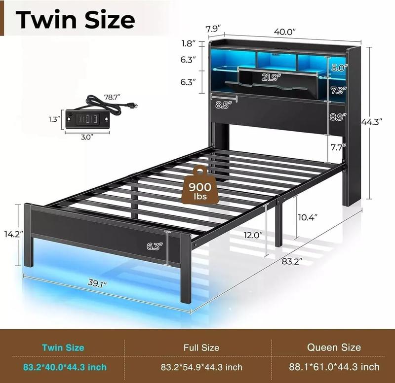 Cama Ironwood, Marco de Cama Metal Negro con Luces LED, 3 Puertos USB y 6 Estantes - Base de Almacenamiento, Resistente, Fácil Montaje (Individual / Matrimonial / Queen)