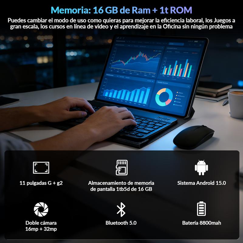 Pad 7s con Android 15, 16GB RAM, 1TB ROM, Pantalla HD 11\", Batería 8800mAh, Doble SIM, GPS, Wi-Fi 7, Accesorios Incluidos, Ideal para Estudio y Entretenimiento