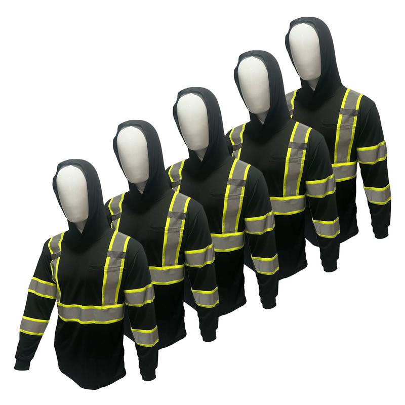 Paquete de 5 camisetas ST908 de alta visibilidad con capucha y manga larga, camisa de seguridad con capucha, material poliéster malla tipo birdseye, en varios colores.
