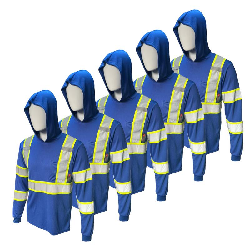 Paquete de 5 camisetas ST908 de alta visibilidad con capucha y manga larga, camisa de seguridad con capucha, material poliéster malla tipo birdseye, en varios colores.
