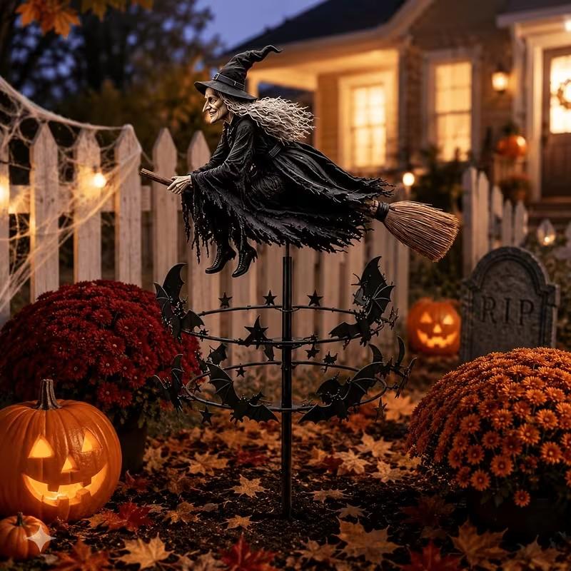 Oferta de temporada: estaca para jardín con molinillo de viento de murciélago de bruja de Halloween, decoración exterior lúdica y espeluznante para el patio, decoración para fiestas durante las festividades
