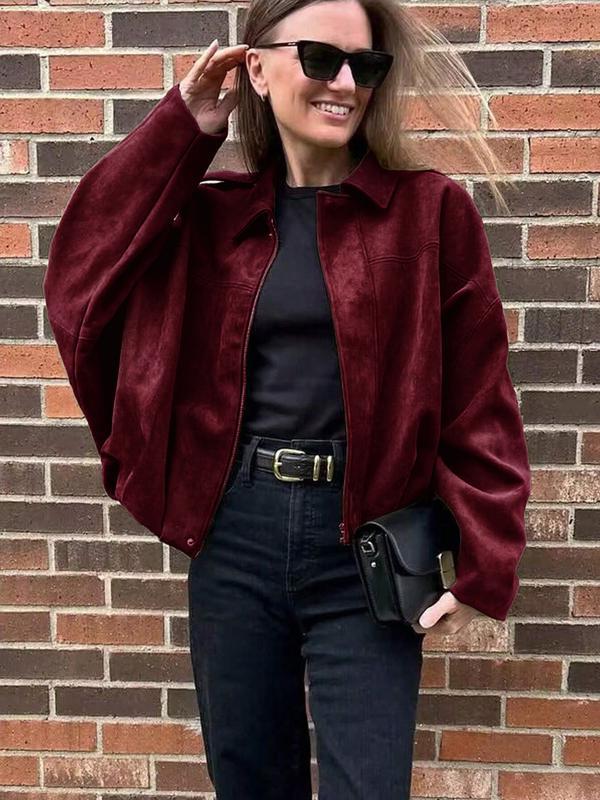 Women's Autumn Winter Suede Texture Zipper Loose Fit bomber jacket, Stylish Turn-Down Collar Design for Casual Wear