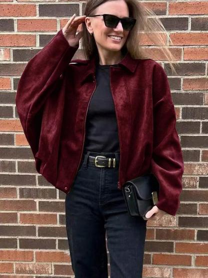 Women's Autumn Winter Suede Texture Zipper Loose Fit bomber jacket, Stylish Turn-Down Collar Design for Casual Wear