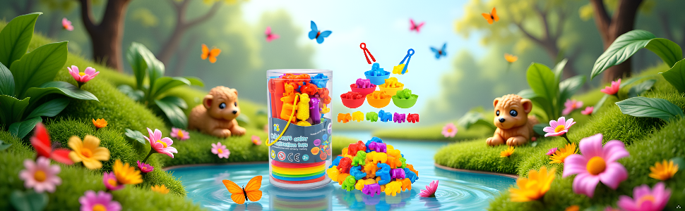 Una mesa colorida con tazones de diferentes colores y figuras de animales esparcidas alrededor